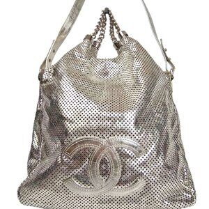 CHANEL Metallic Shoulder Perforated Medium Rodeo Drive Tote Silver 2 Way Bag CC